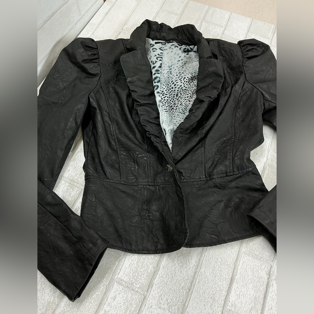Faux leather Women's Black Ruffled Jacket